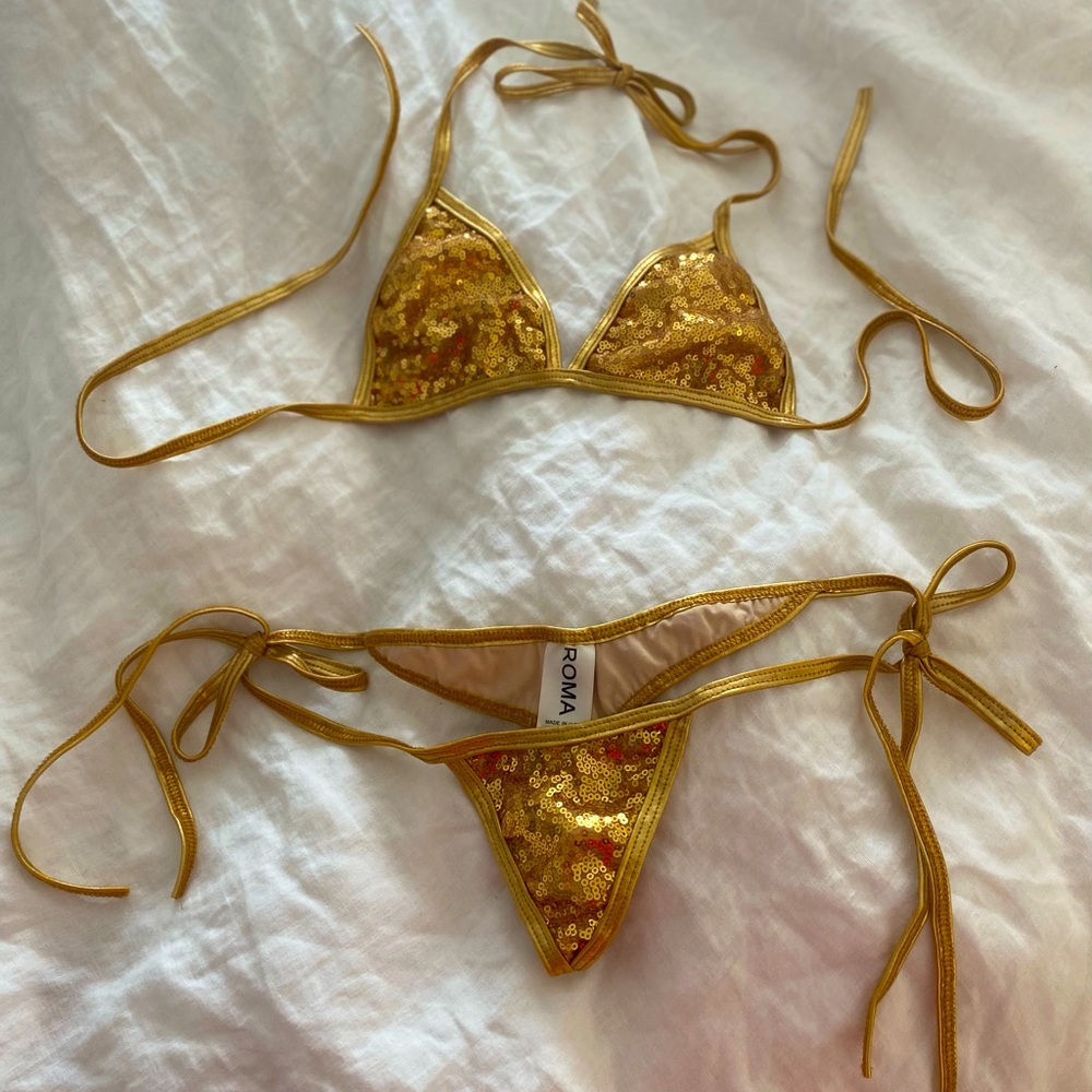 DOLL brand sequin bikini size medium triangle gold top & thong bottom